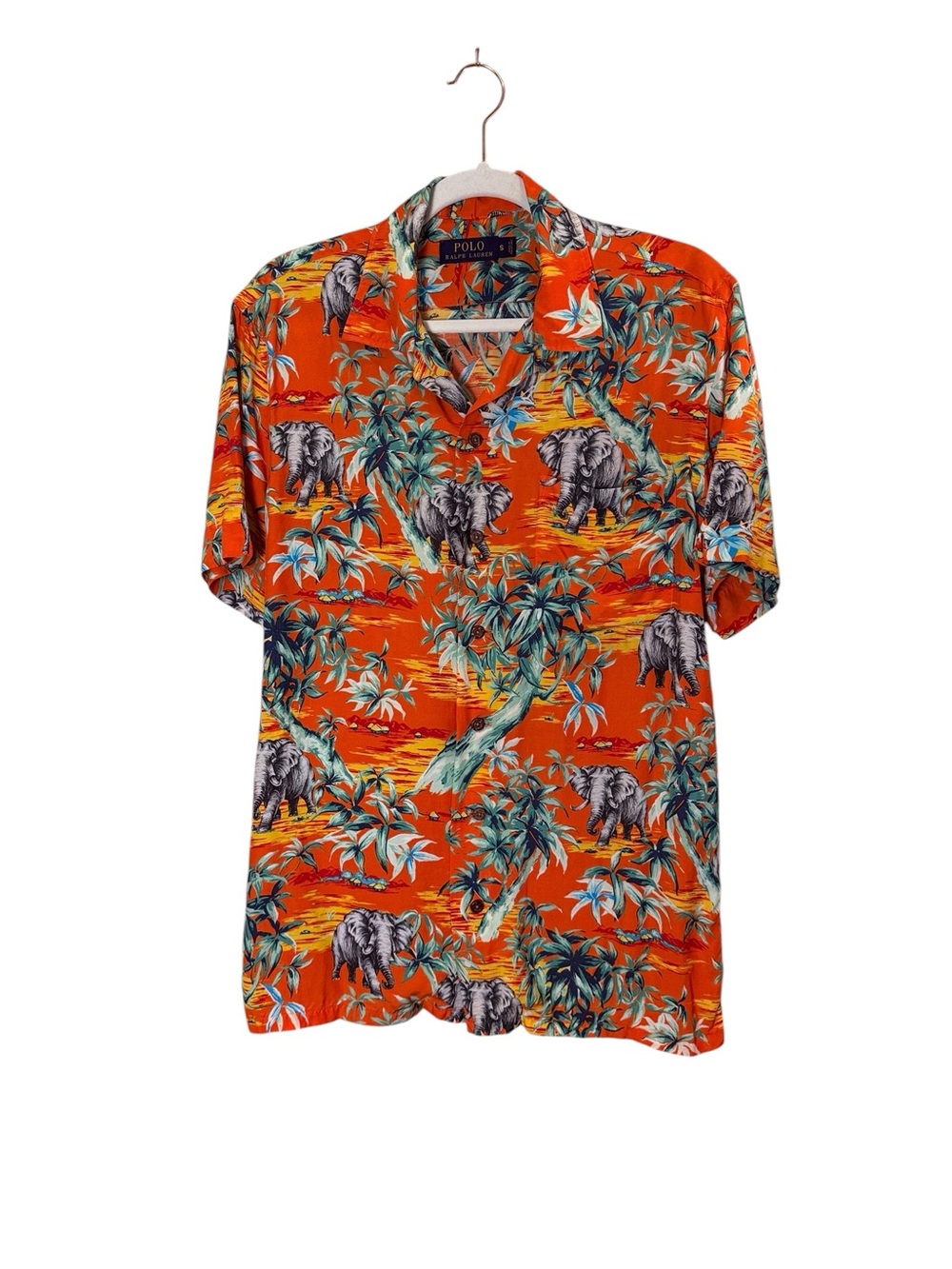 Polo by Ralph Lauren Men’s Orange Tropical Safari Elephant Print Camp Shirt sz S
